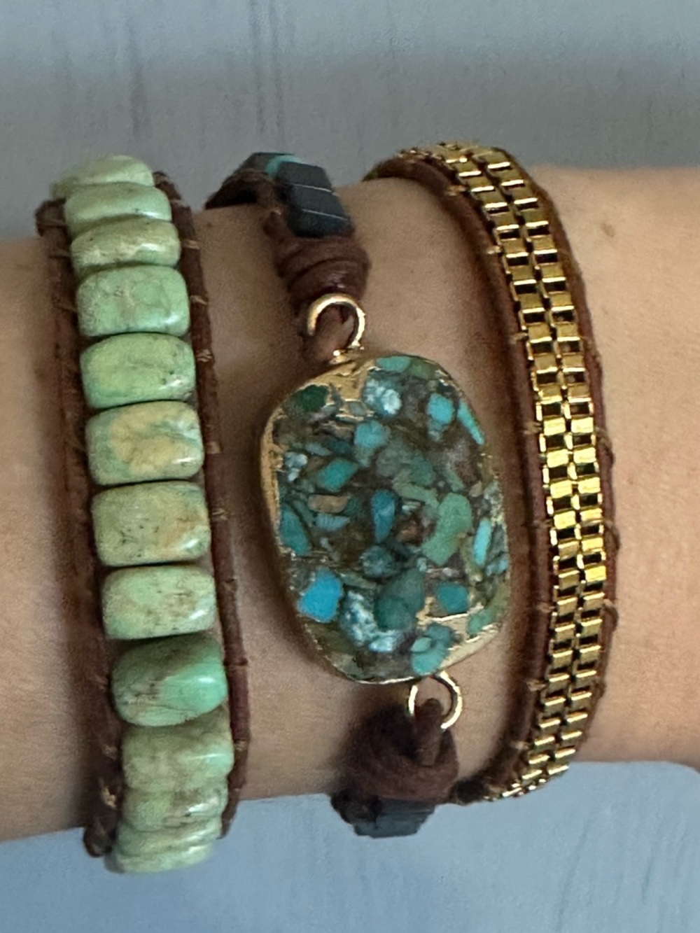 Boho Turquoise and Gold Bracelet Woven Leather Rope Wrap Style Bracelet